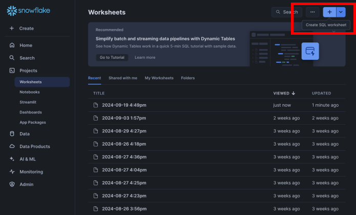 create sql worksheet