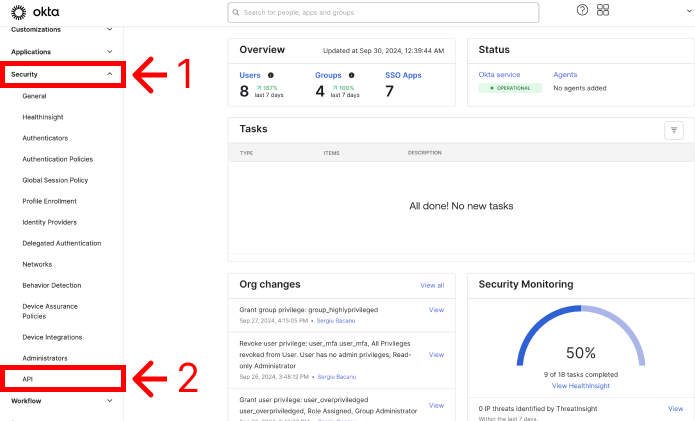 navigate to security &gt; api