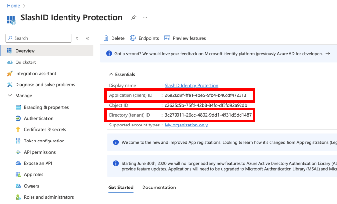 copy client id and tenant id