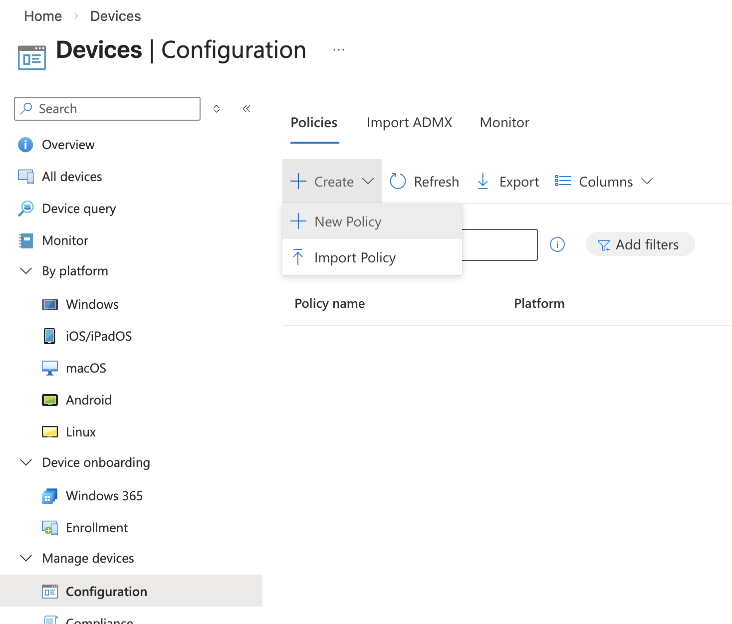 Microsoft Intune - Create policy